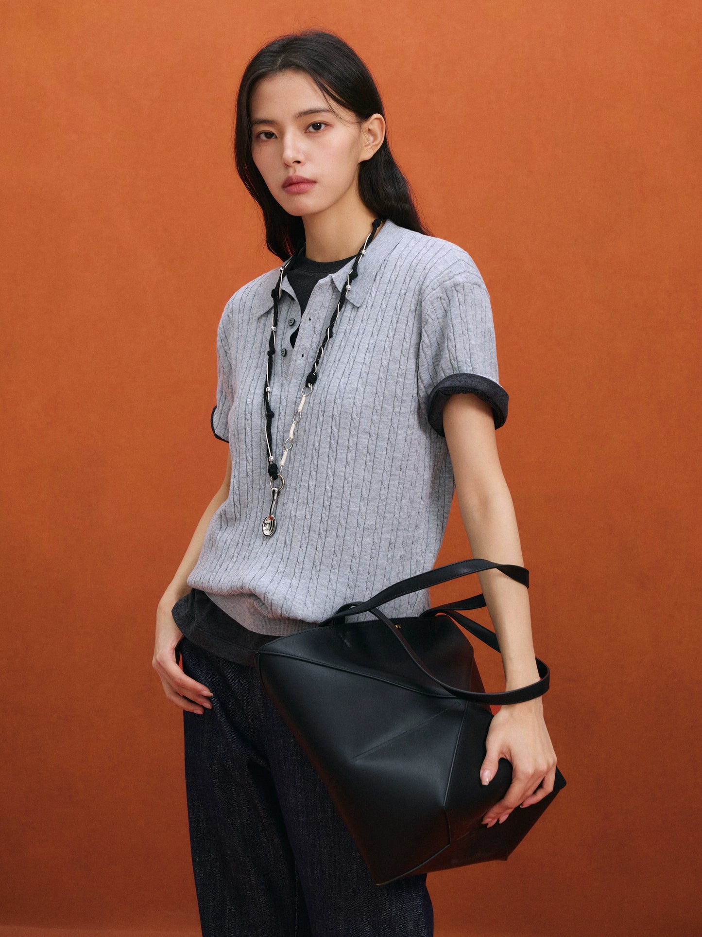 Relaxed Wool-Blend Cable Knit Polo Shirt