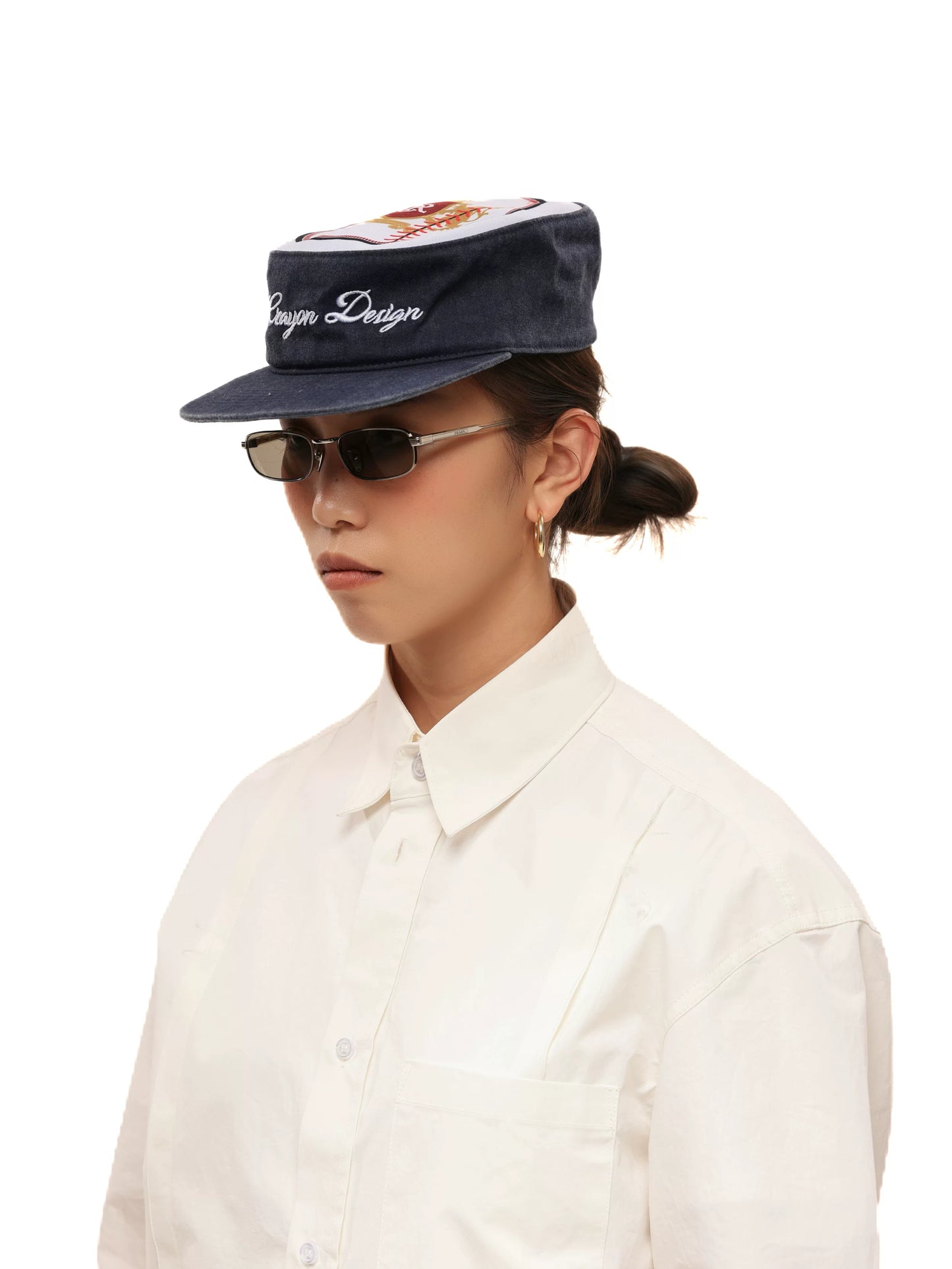 Washed Navy Embroidered Patchwork Flat Brim Baseball Cap