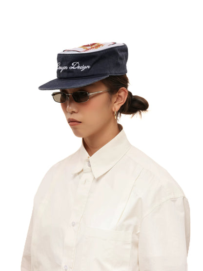 Washed Navy Embroidered Patchwork Flat Brim Baseball Cap