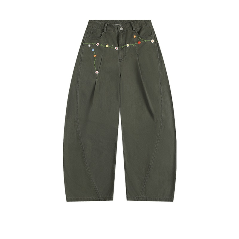 Women's floral embroidery cargo pants olive green wide leg | Washed cotton fabric with colorful beadwork on pockets | Bohemian streetwear fashion pants