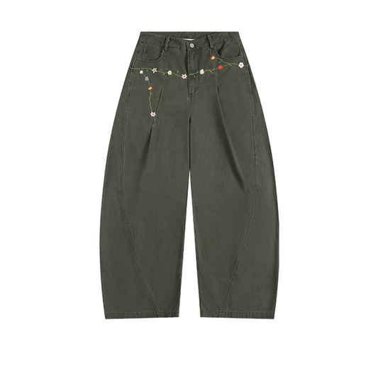 Women's floral embroidery cargo pants olive green wide leg | Washed cotton fabric with colorful beadwork on pockets | Bohemian streetwear fashion pants