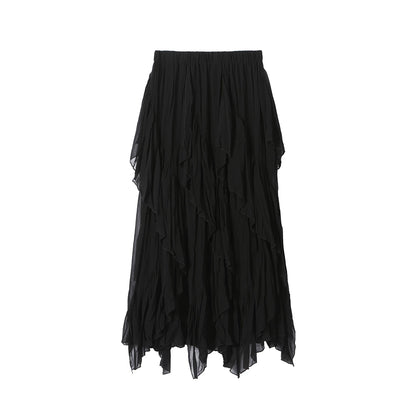 Asymmetric Mesh Pleated Midi Skirt
