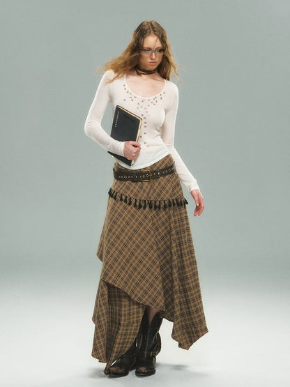 Asymmetric Plaid Maxi Skirt