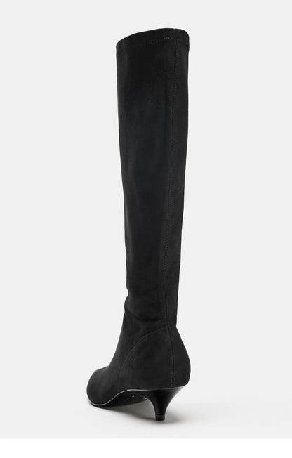 Black kitten-heel knee-high boot, rear view