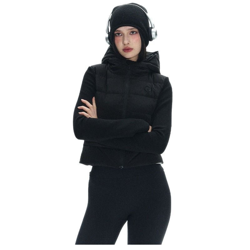  women's black down jacket - knit paneled ultra light hooded puffer winter coat