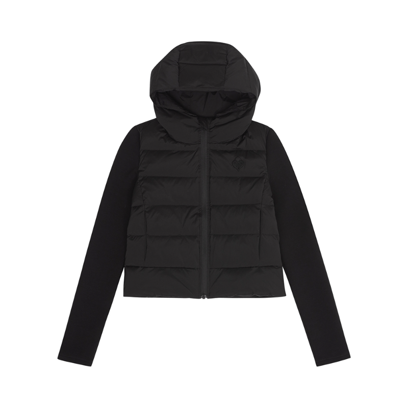  women's black down jacket - knit paneled ultra light hooded puffer winter coat