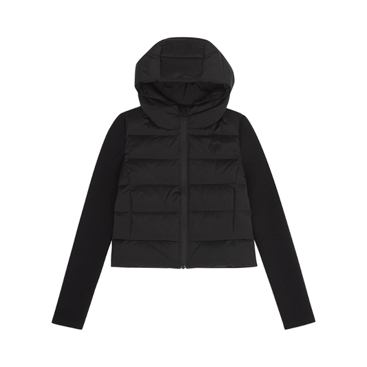  women's black down jacket - knit paneled ultra light hooded puffer winter coat