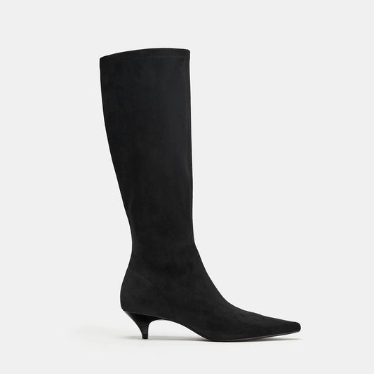 Black pointed-toe kitten-heel knee-high boot, side view