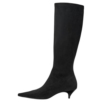 Black pointed-toe knee-high boot, opposite side view