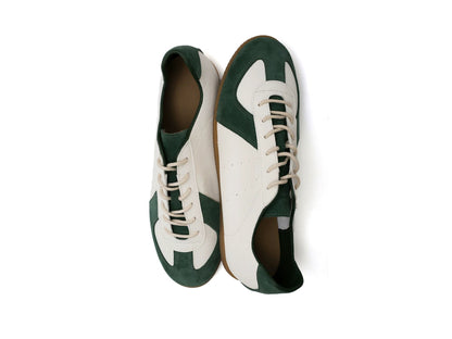 Boogie Woogie Waxed Leather Trainer Sneakers — green and white pair, top view