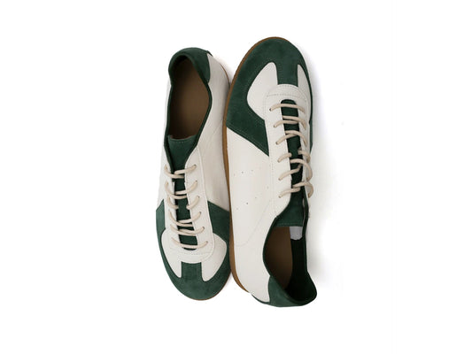 Boogie Woogie Waxed Leather Trainer Sneakers — green and white pair, top view