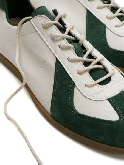 Boogie Woogie Waxed Leather Trainer Sneakers — green and white laces, close-up
