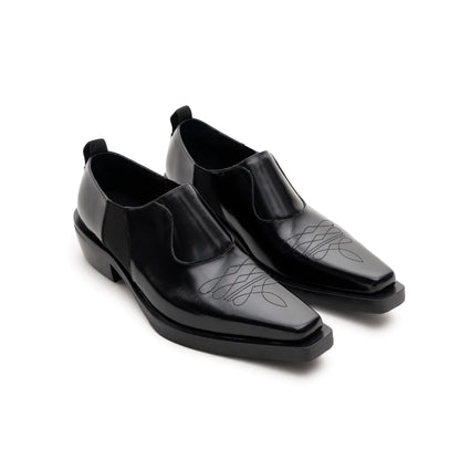 Botanical Embroidered Loafers — black embroidered pair, angled view