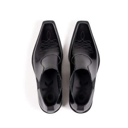 Botanical Embroidered Loafers — black embroidered pair, top view
