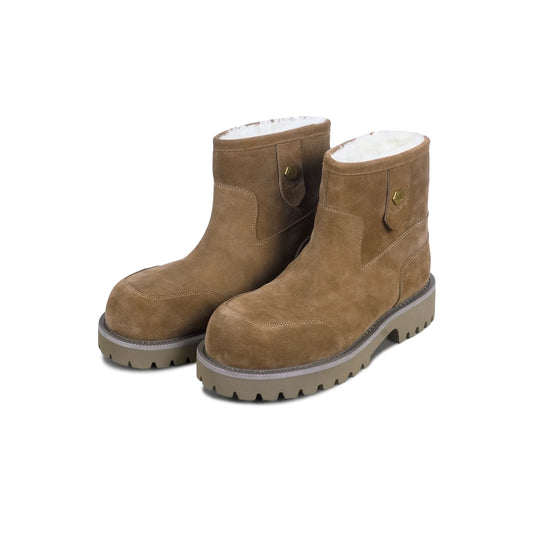 Brown fleece-lined suede mid-calf winter boots, angled pair