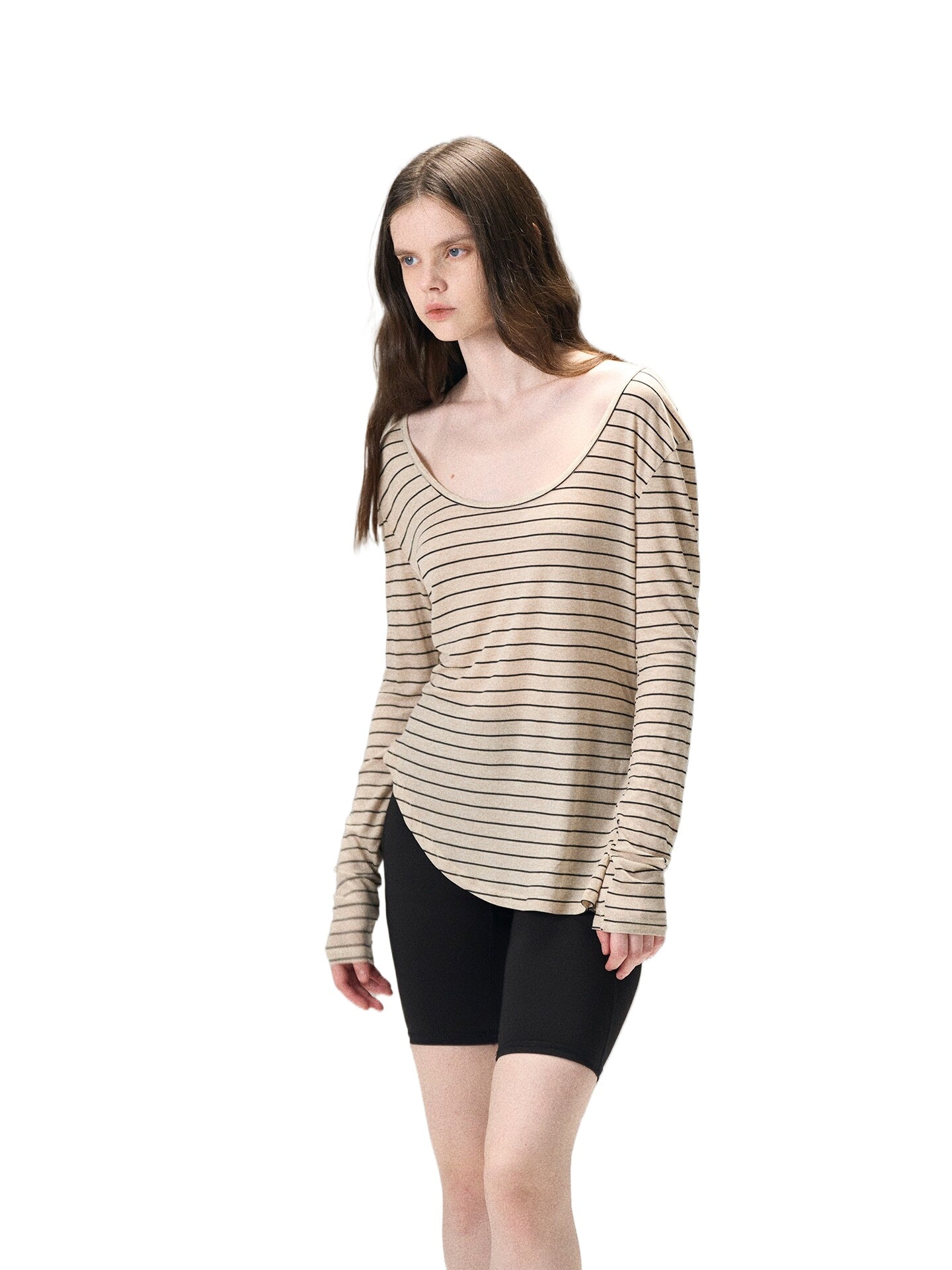 Tencel Wool Striped U-Neck Tee