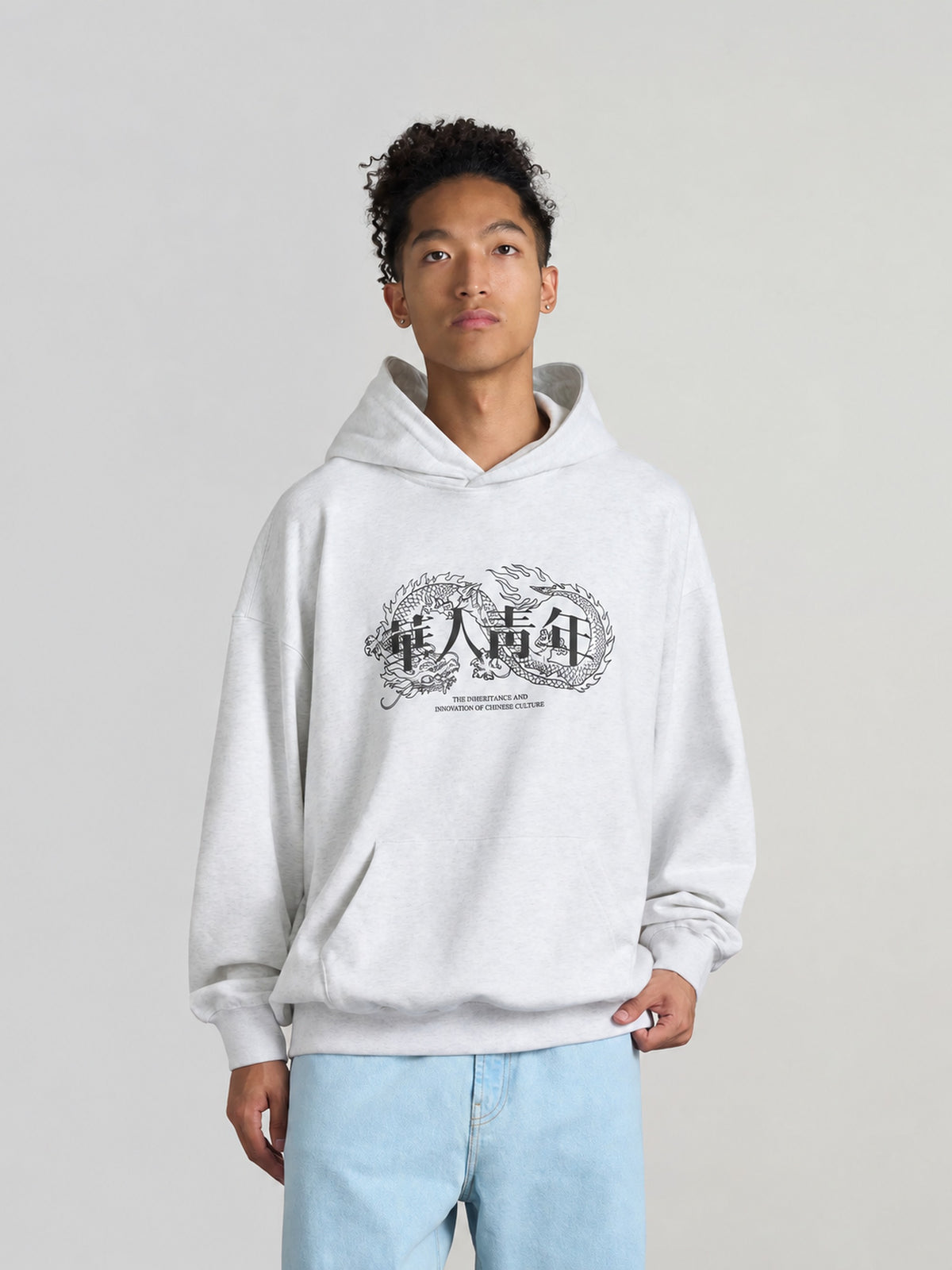 Raised Dragon Print Relaxed Pullover Hoodie