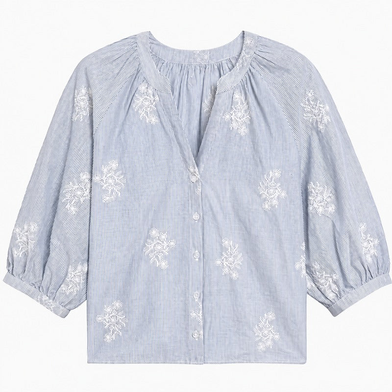 Striped Smock-Neck Puff Sleeve Blouse - view 1