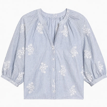 Striped Smock-Neck Puff Sleeve Blouse - view 1