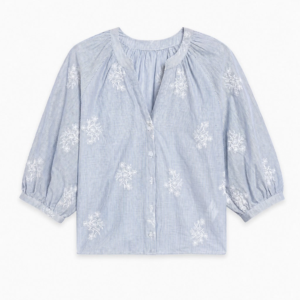 Striped Smock-Neck Puff Sleeve Blouse - view 4