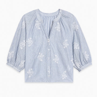 Striped Smock-Neck Puff Sleeve Blouse - view 4