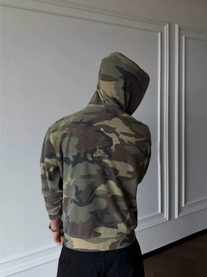Green camouflage zip-up hoodie, back view on model