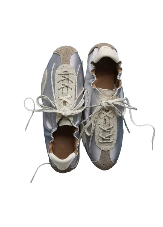 Coin-Pocket Ballet Trainer Sneakers — silver-grey pair, top view