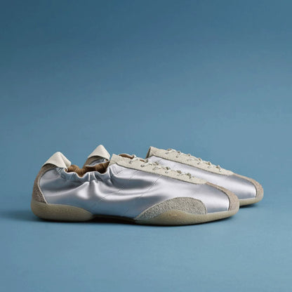 Coin-Pocket Ballet Trainer Sneakers — silver-grey pair, side view