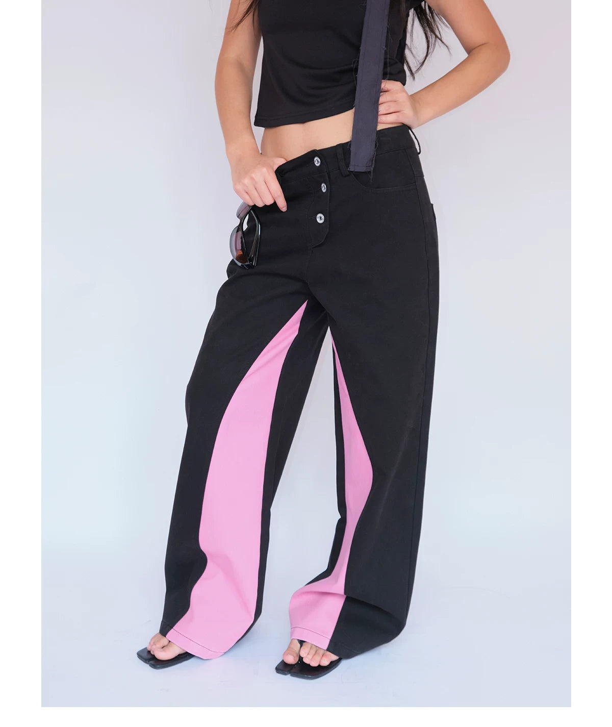Contrast Panel Washed Wide-Leg Pants