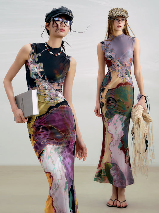 Contrast Print Reversible Qipao Dress