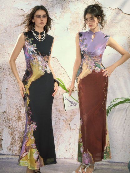 Contrast Print Reversible Qipao Dress