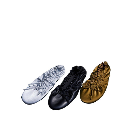 Crinkled Lambskin Folding Ballet Flats — silver, black and bronze color options