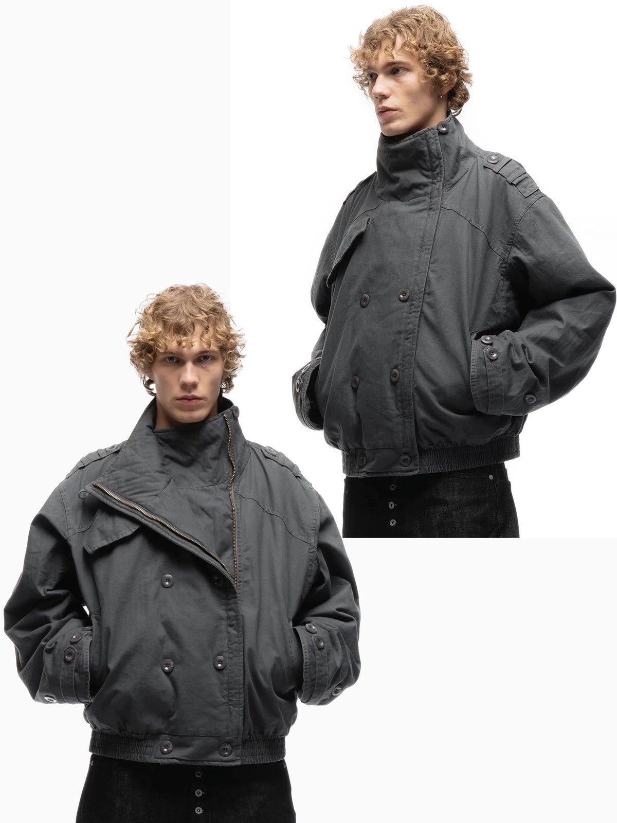Cropped Parka Jacket — Grey jacket shown in two model views