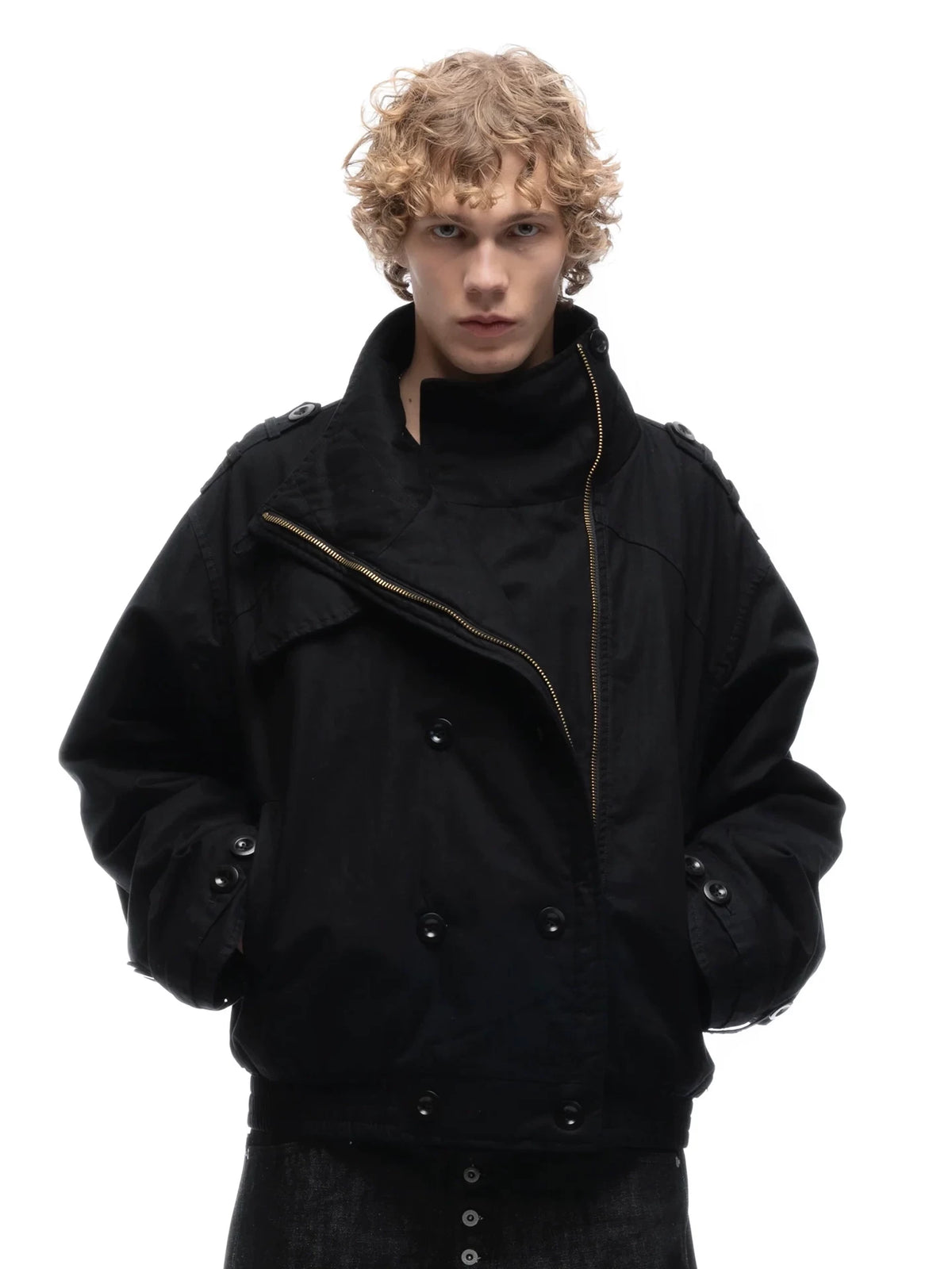 Cropped Parka Jacket — Model wearing black jacket, close front view
