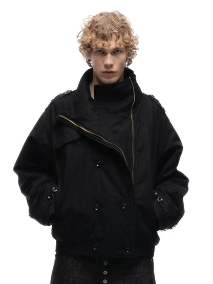 Cropped Parka Jacket — Model wearing black jacket, close front view