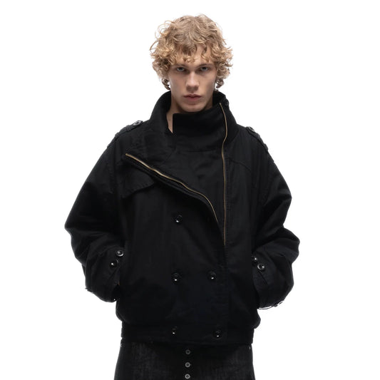 Cropped Parka Jacket — Model wearing black jacket, front view