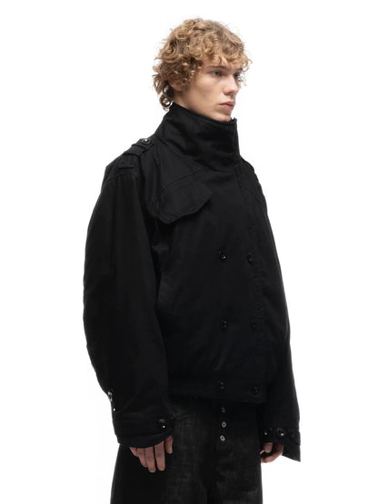 Cropped Parka Jacket — Model wearing black jacket, side view