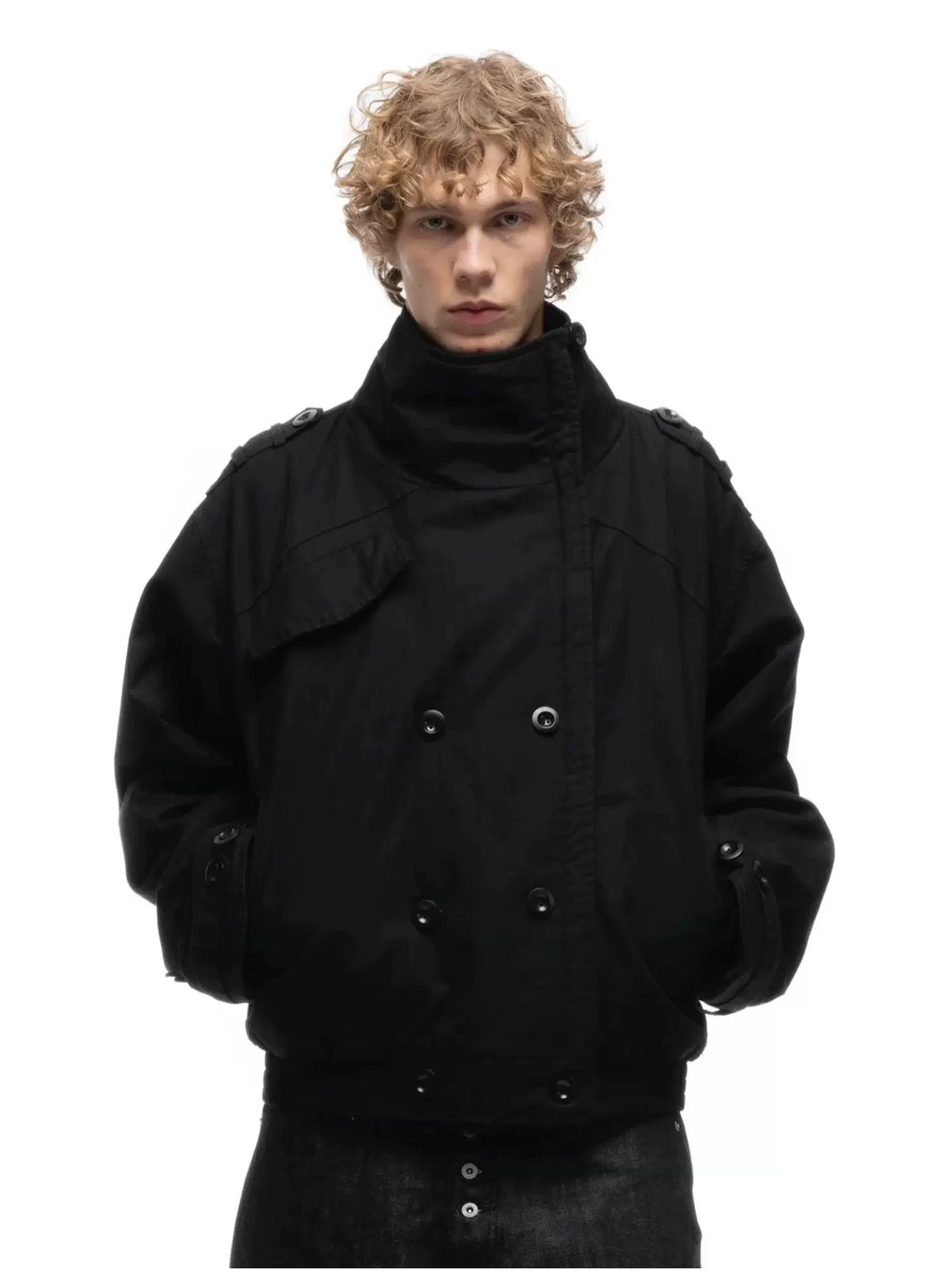 Cropped Parka Jacket — Model wearing black jacket, three-quarter view