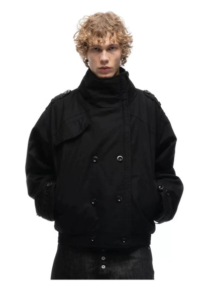 Cropped Parka Jacket — Model wearing black jacket, three-quarter view