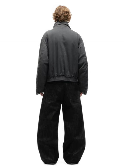 Cropped Parka Jacket — Model wearing grey jacket, back view