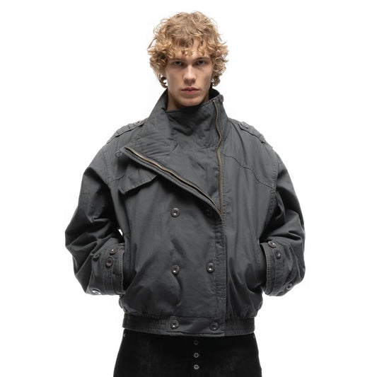 Cropped Parka Jacket — Model wearing grey jacket, front view