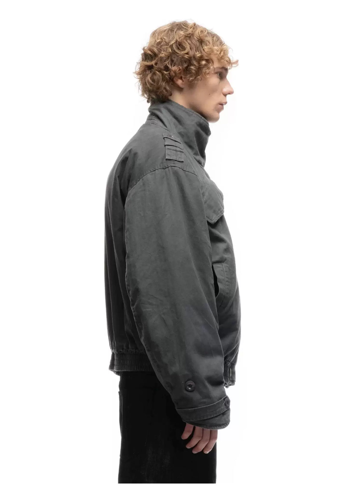 Cropped Parka Jacket — Model wearing grey jacket, side view