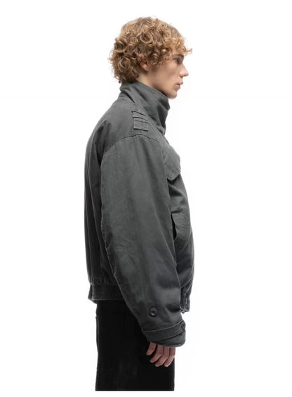 Cropped Parka Jacket — Model wearing grey jacket, side view