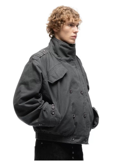 Cropped Parka Jacket — Model wearing grey jacket, three-quarter view