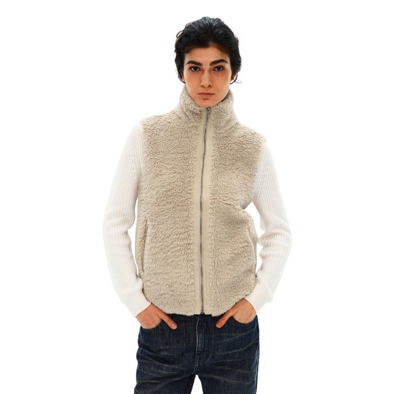 women's curly sherpa vest - Birch Yellow high neck sleeveless gilet plush fleece lining layering piece
