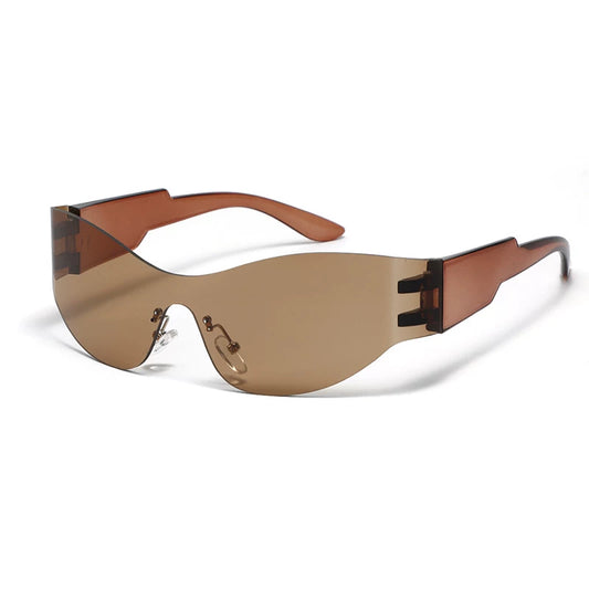 Curved Rimless Sunglasses — Brown curved rimless sunglasses, three-quarter view