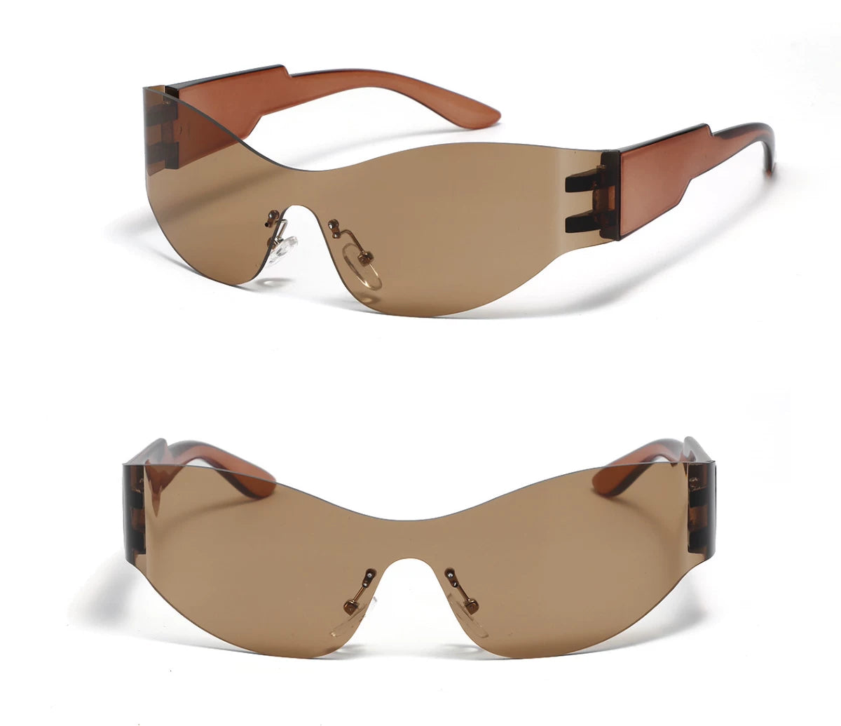 Lunettes de soleil courbées sans monture — coloris marron clair ; détails de la monture et des verres