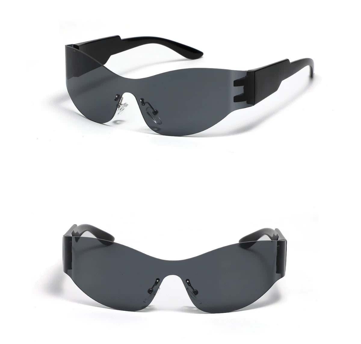 Lunettes de soleil courbées sans monture — coloris noir, gris ; détails de la monture et des verres