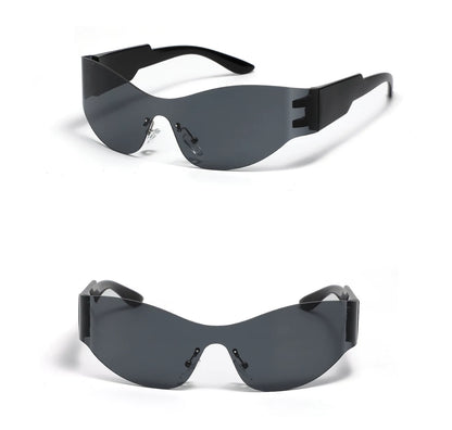 Lunettes de soleil courbées sans monture — coloris noir, gris ; détails de la monture et des verres