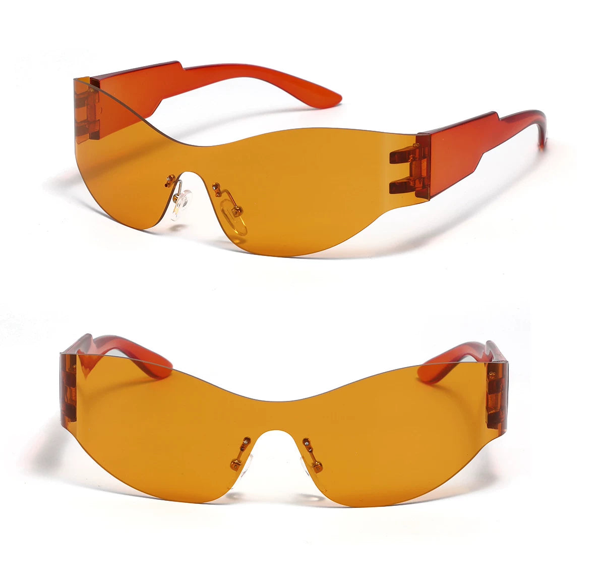 Lunettes de soleil courbées sans monture — coloris orange ; détails de la monture et des verres